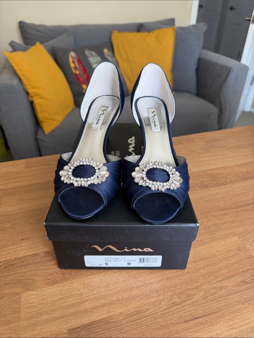 Nina Navy Satin Crystal-Buckle Peep-Toe Heels